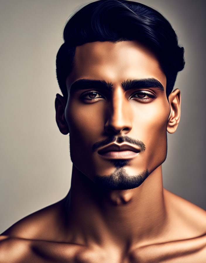 Man with Strong Jawline and Styled Beard on Gradient Background