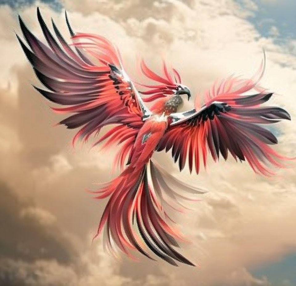 Vibrant red and black plumage bird soaring in cloudy sky