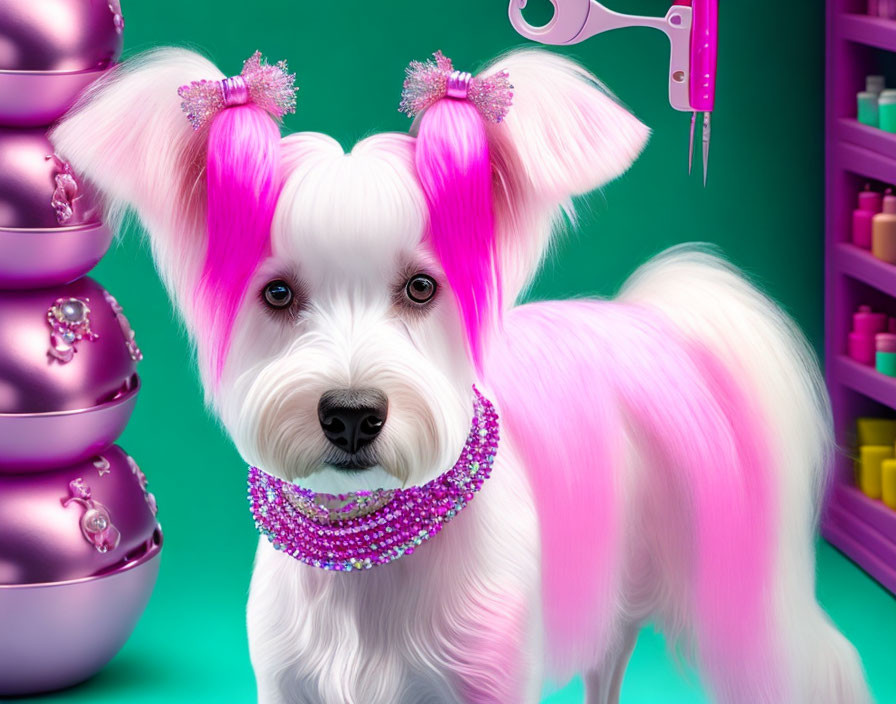 White Dog with Pink-Tipped Ears and Tail in Sparkly Purple Necklace on Green Background