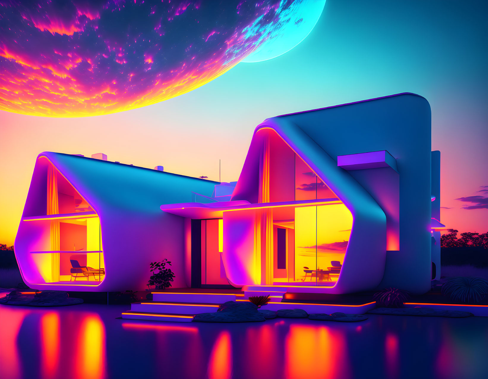 Modern houses with glowing interiors under a surreal purple sky and a large planet over calm water.