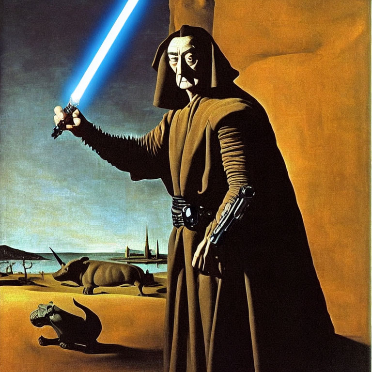 Cloaked figure with blue lightsaber in desert with futuristic buildings and large creature