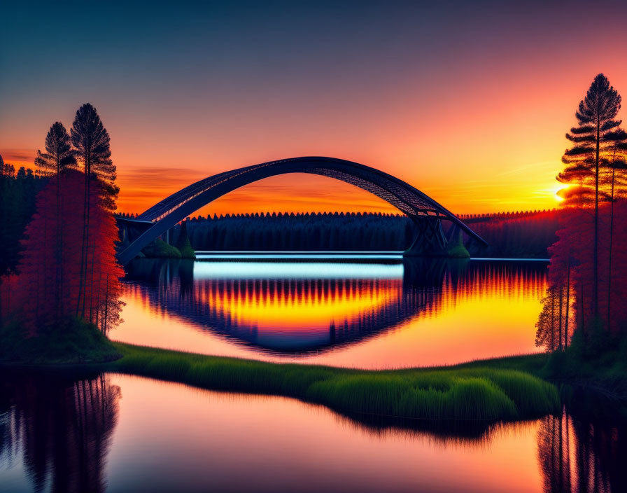 Tranquil sunset over calm lake with silhouetted trees & bridge