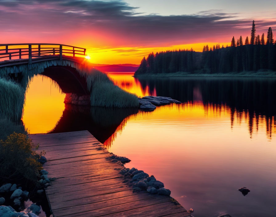 Tranquil sunset over calm lake with wooden footbridge and pine trees