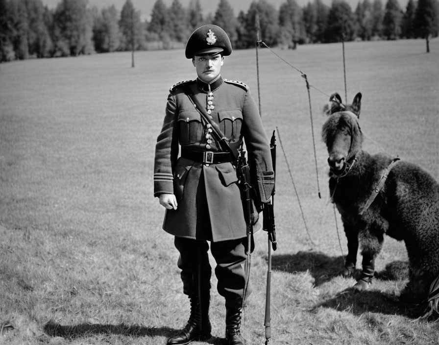 Soldier in uniform with rifle stands next to donkey on field