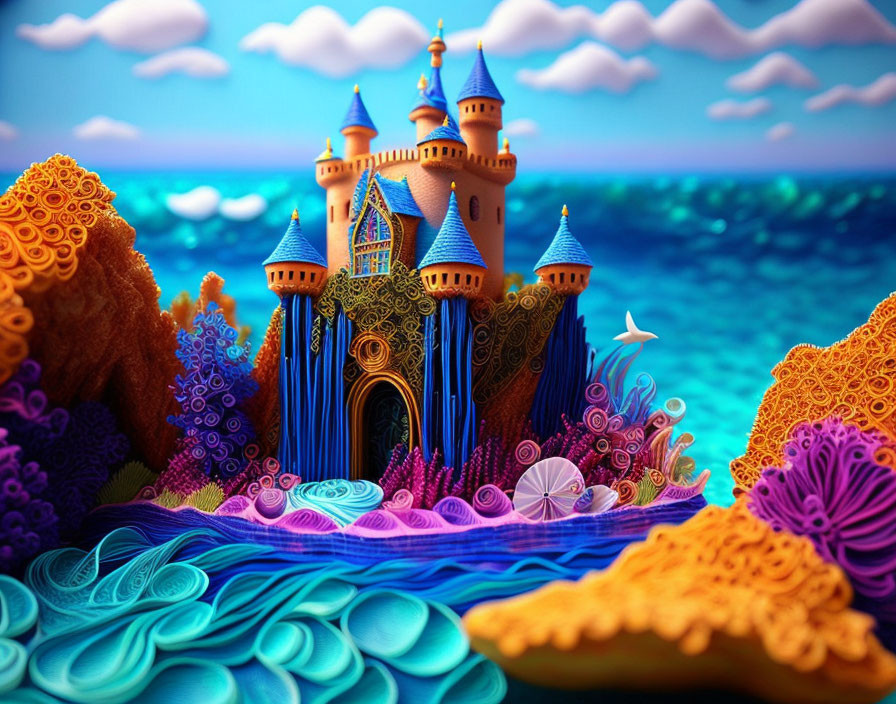 Fantastical castle with spires in colorful coral landscape