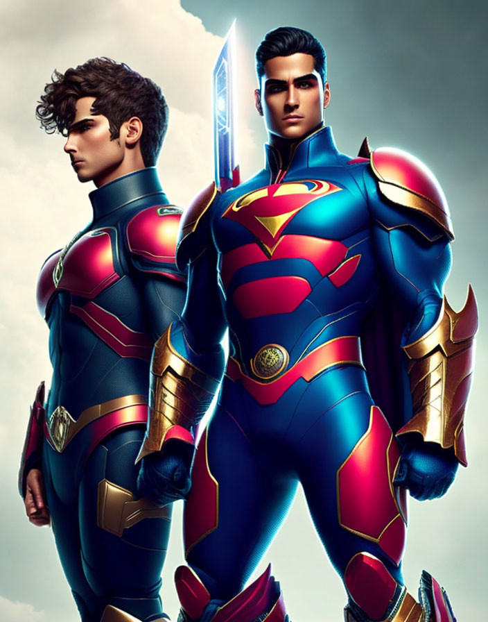 Stylized superheroes in blue and red armored suits back-to-back under dramatic lighting