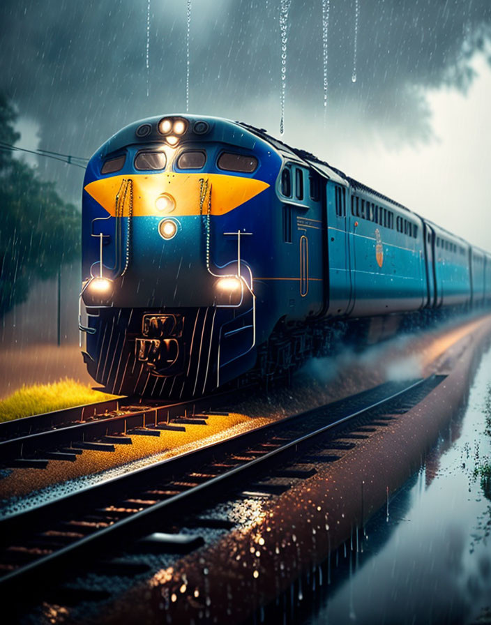 Blue train on rainy evening tracks with headlights and raindrops