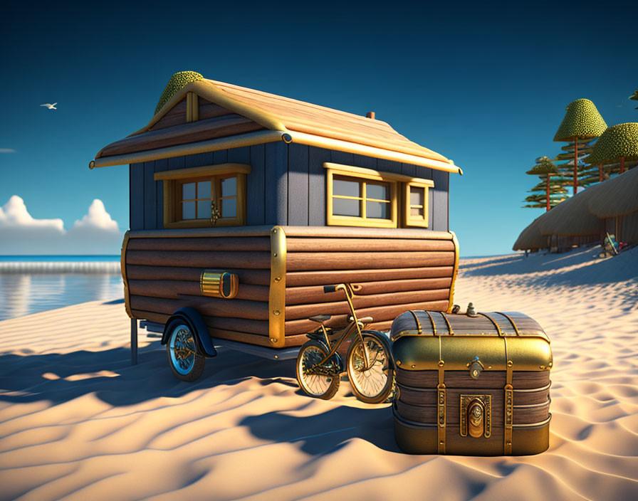 Wooden house on wheels by the beach with bicycle and treasure chest