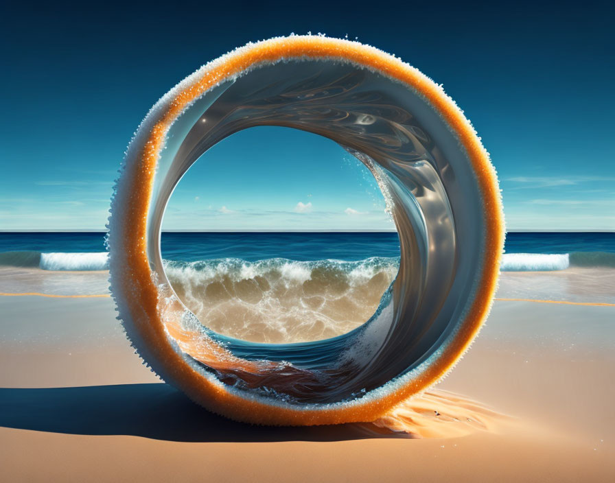 Surreal torus-shaped wave with orange crystals on sandy beach