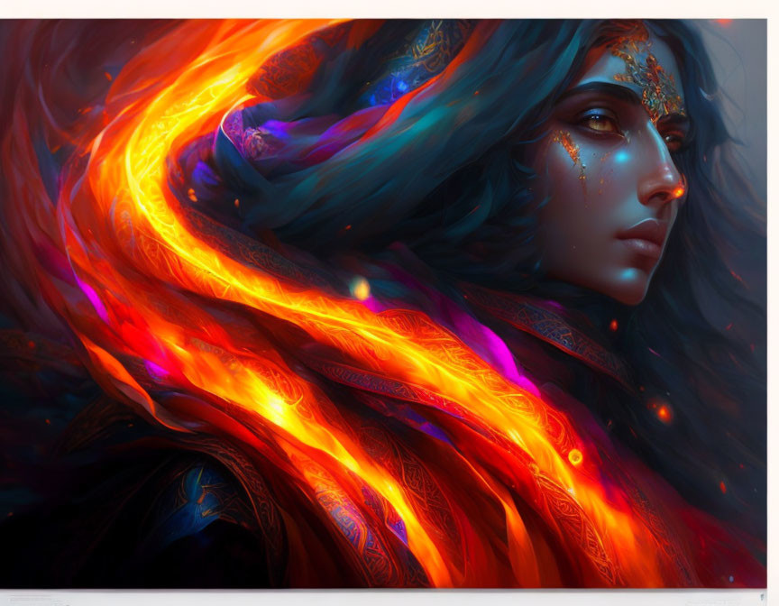 Digital artwork: Woman with blue hair and golden adornments in fiery swirls