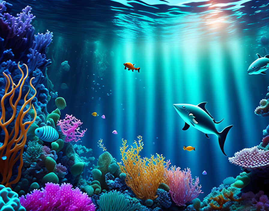 Colorful Coral and Fish in Sunlit Underwater Scene