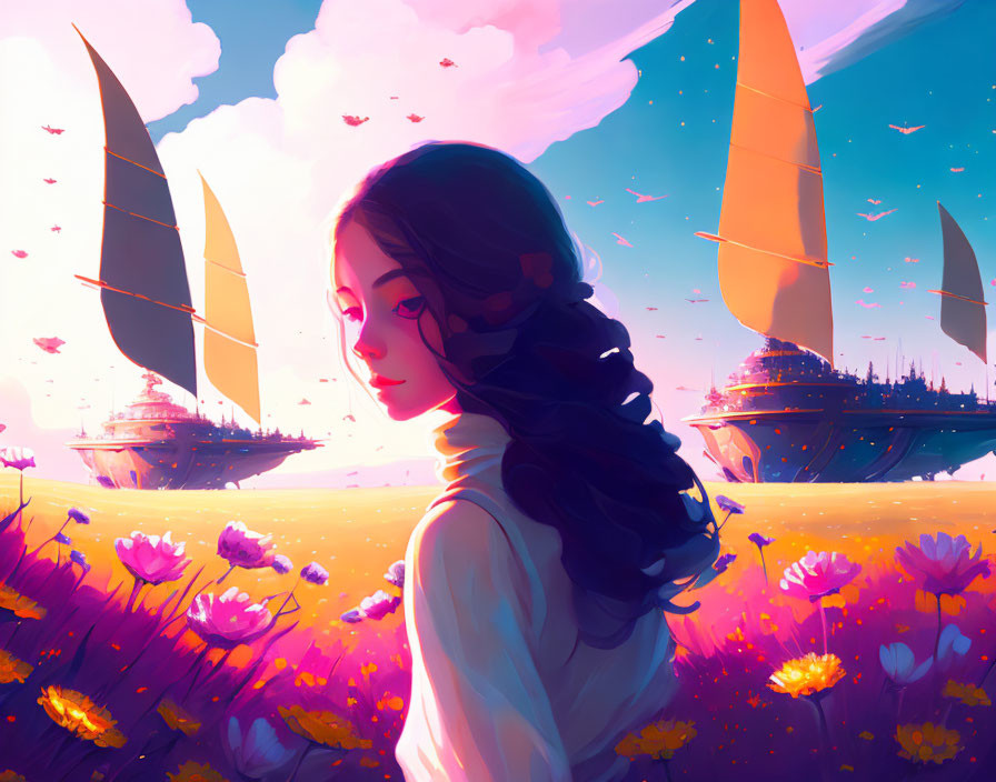 Contemplative woman in vibrant fantasy landscape with floating ships and glowing flowers at sunset