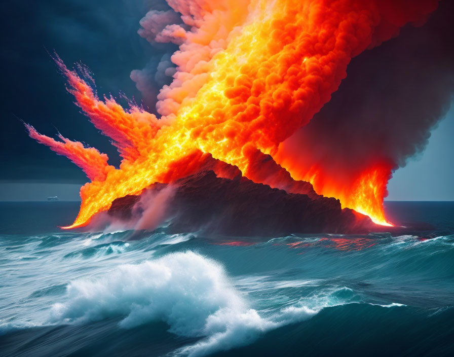 Volcanic eruption with lava flowing into the sea against stormy sky