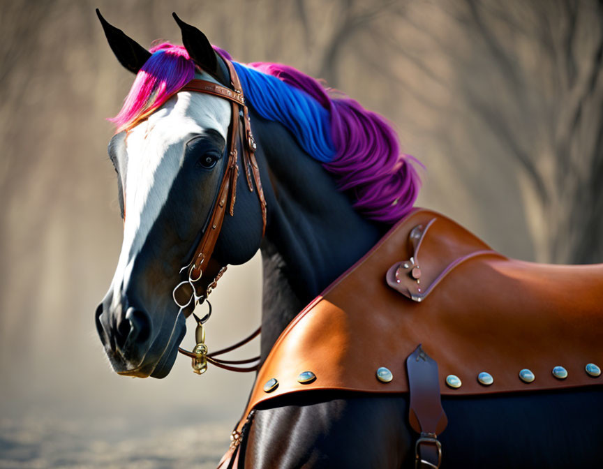 Black Horse with Pink and Blue Mane and Western Saddle