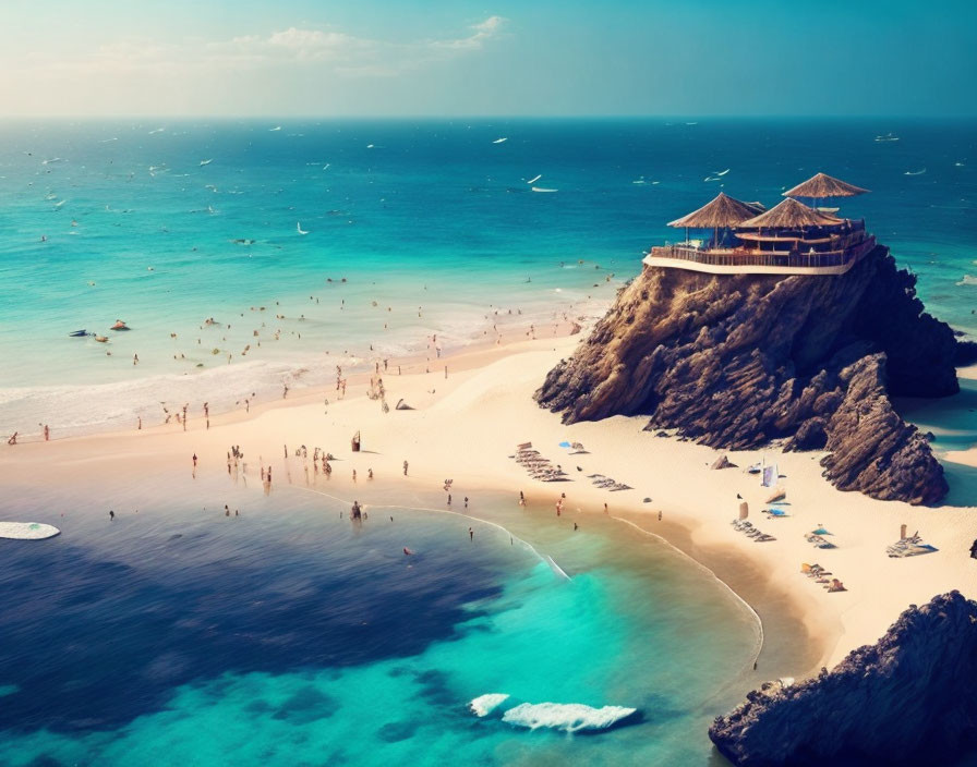 Scenic tropical beach with clear blue waters, building on rock, people, and distant boats