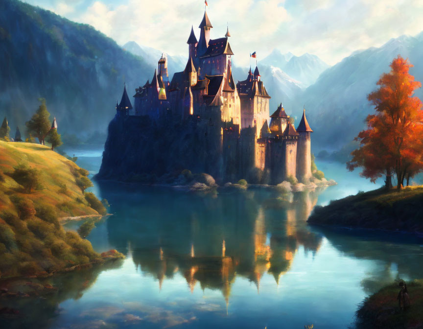 Majestic castle with spires reflected in serene lake amid rolling hills