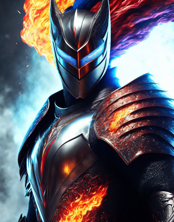 Armored superhero in metallic blue and black suit with glowing eyes and fiery cape on cosmic backdrop