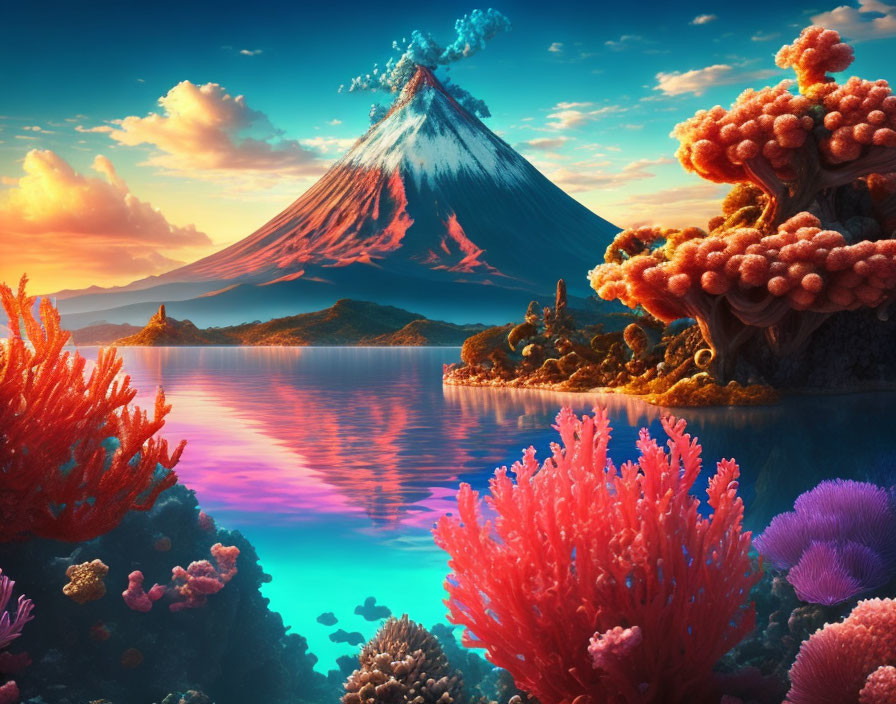 Majestic mountain, vibrant coral formations, stunning sunset scenery