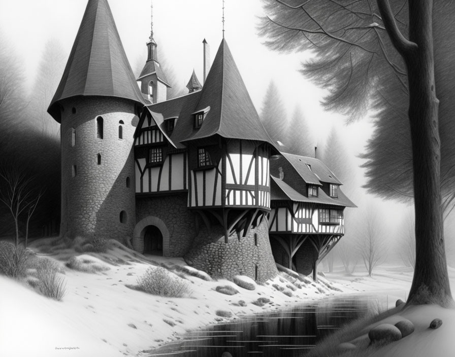 Monochrome medieval castle illustration in snowy landscape