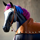 Black Horse with Pink and Blue Mane and Western Saddle