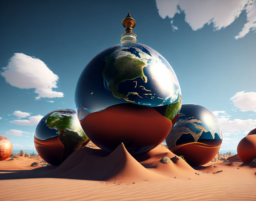 Glossy Earth-like globes on desert landscape with gold finial under blue sky