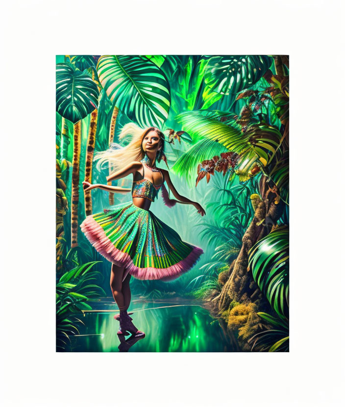 Woman dancing in vibrant iridescent dress in lush jungle with river