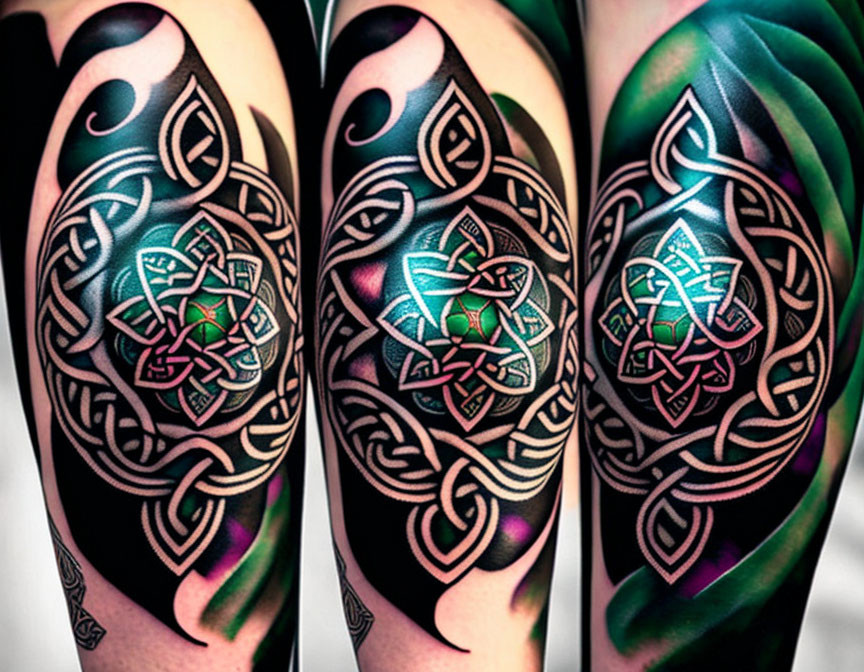 Detailed Celtic knot tattoo with black, green, and purple shading for a 3D effect