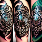 Detailed Celtic knot tattoo with black, green, and purple shading for a 3D effect