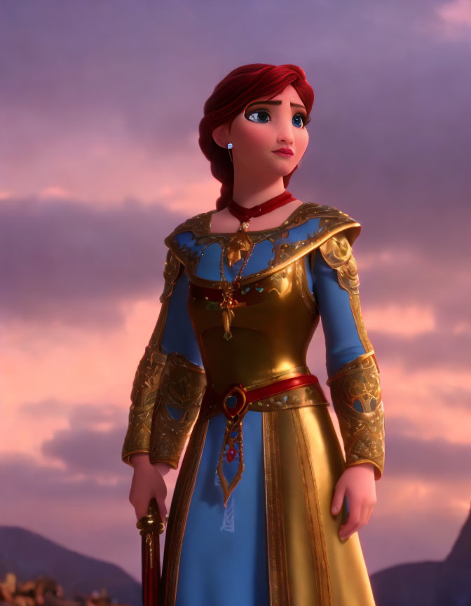 Auburn-Haired Princess in Regal Blue and Gold Dress gazes at Twilight Sky