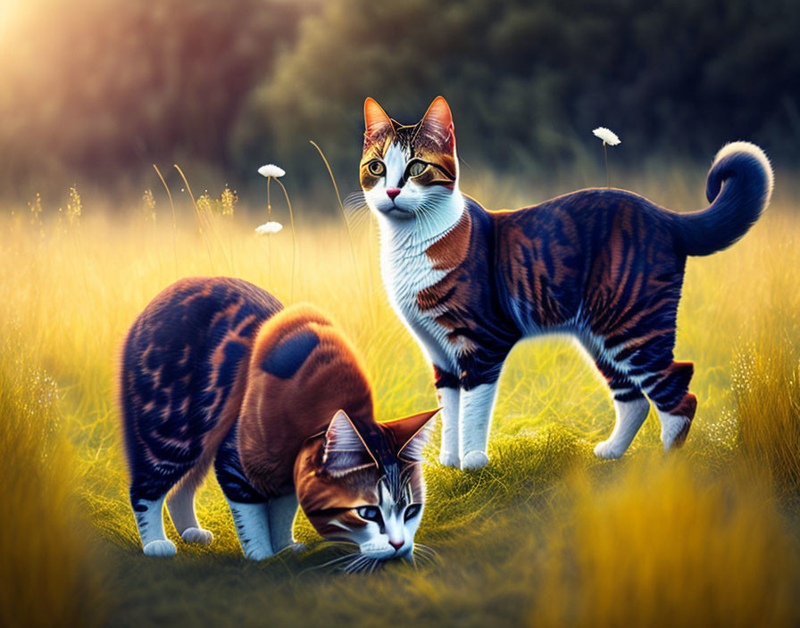 Two tabby cats with defined stripes and luminous eyes in sunlit field with dandelions