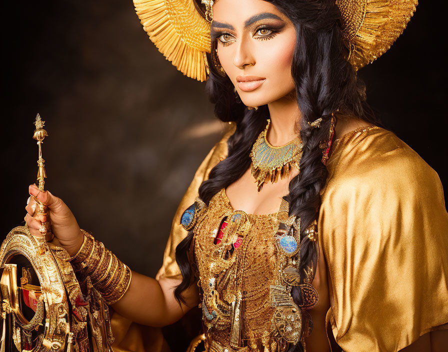 Woman in opulent golden Egyptian-themed attire with staff and shield.