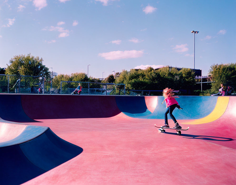 Skateboarder in red top at vibrant blue and pink skatepark