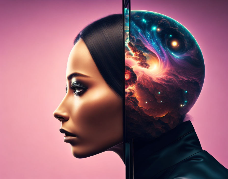 Woman's profile merges with cosmic scene in conceptual image