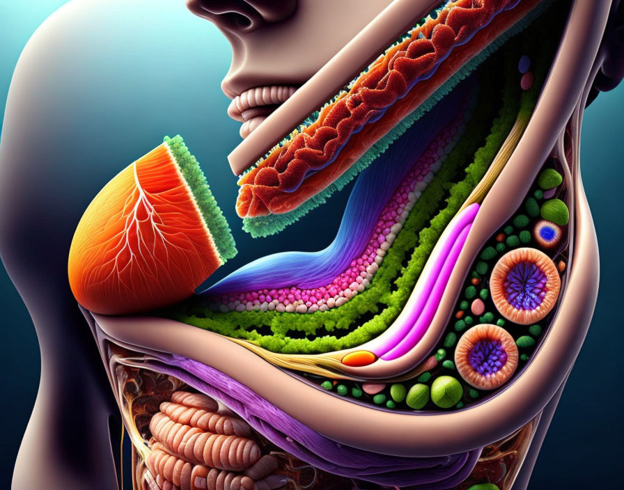 Colorful cross-section illustration of human digestive system organs.