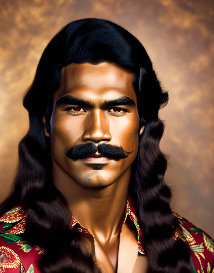 Vibrant portrait of man with long hair and mustache on golden background