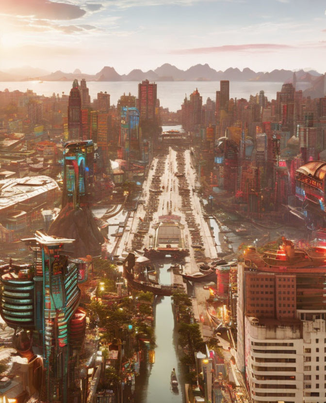 Futuristic cityscape with skyscrapers, river, traditional architecture, and mountains at sunset