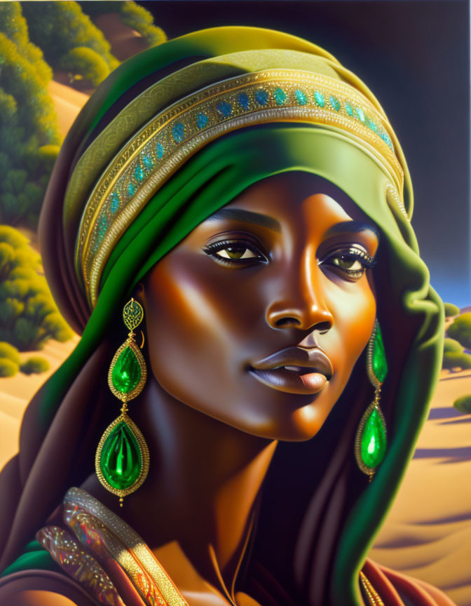 Woman Portrait with Green Headscarf and Earrings in Desert Setting