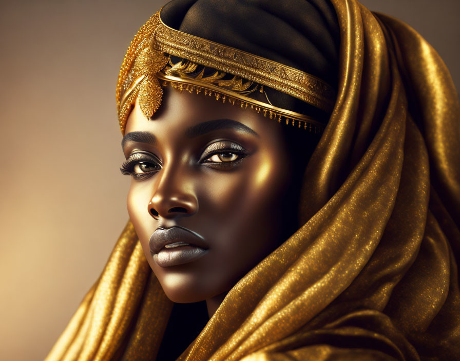 Portrait of woman with striking eyes and golden headscarf and jewelry