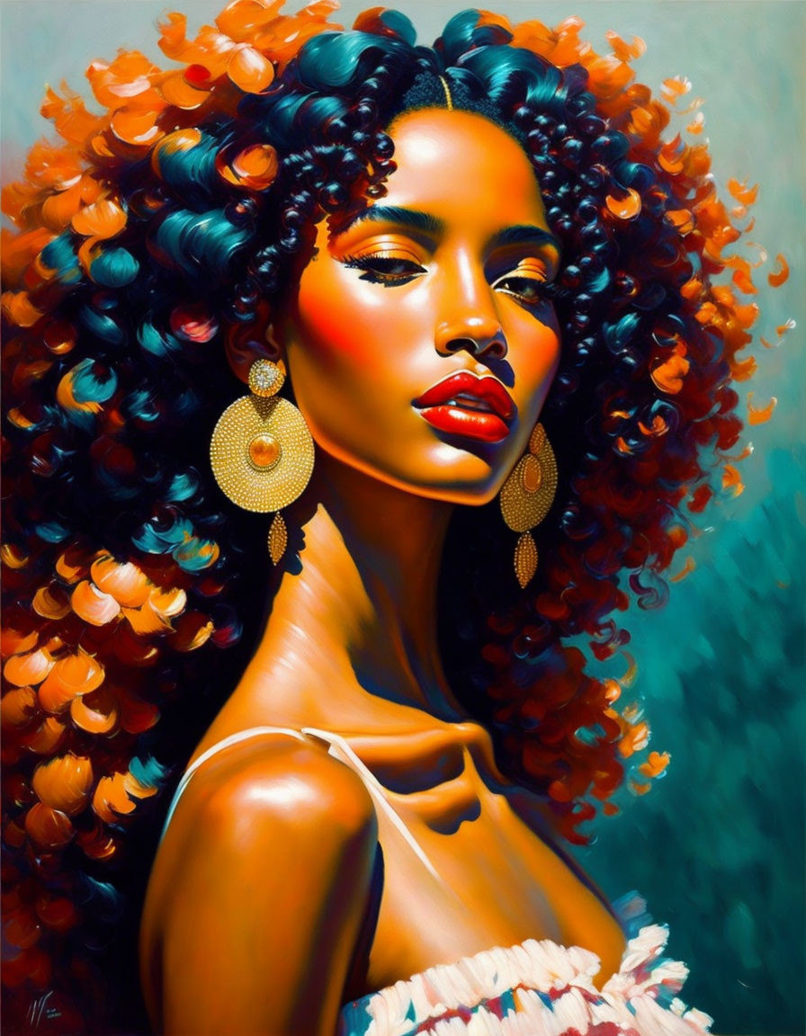 Portrait of Woman with Curly Hair, Red Lipstick, and Gold Earrings