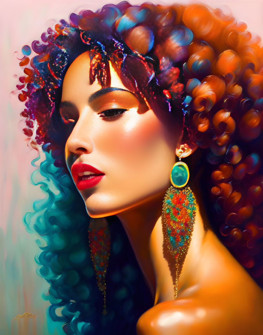 Colorful portrait of woman with curly red and blue hair, bold makeup, and intricate green earrings.