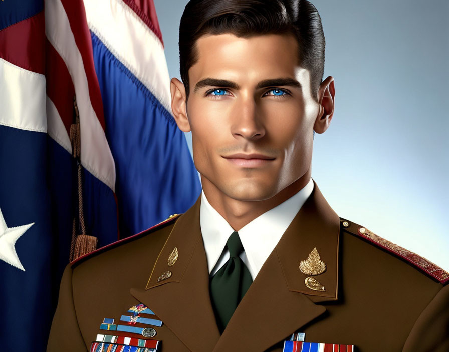 Male military officer with medals on American flag backdrop illustration