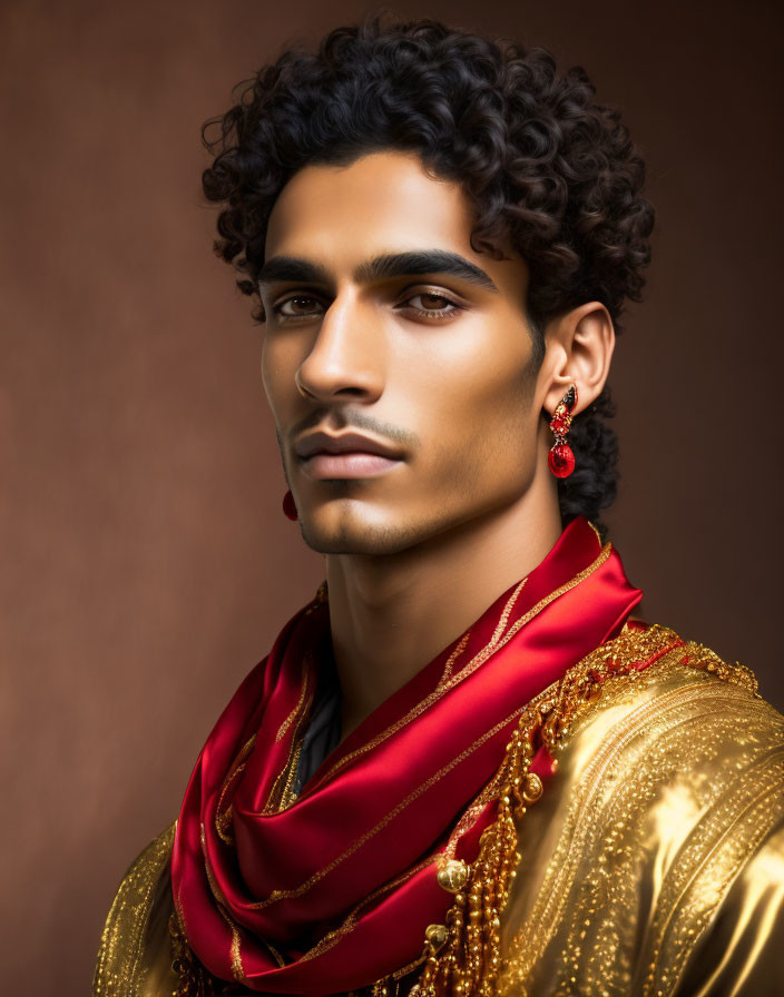 Curly-Haired Man in Red and Gold Traditional Attire on Brown Background