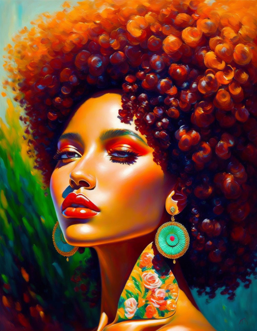 Colorful portrait of woman with curly afro, bold makeup, hoop earrings, and floral tattoo.