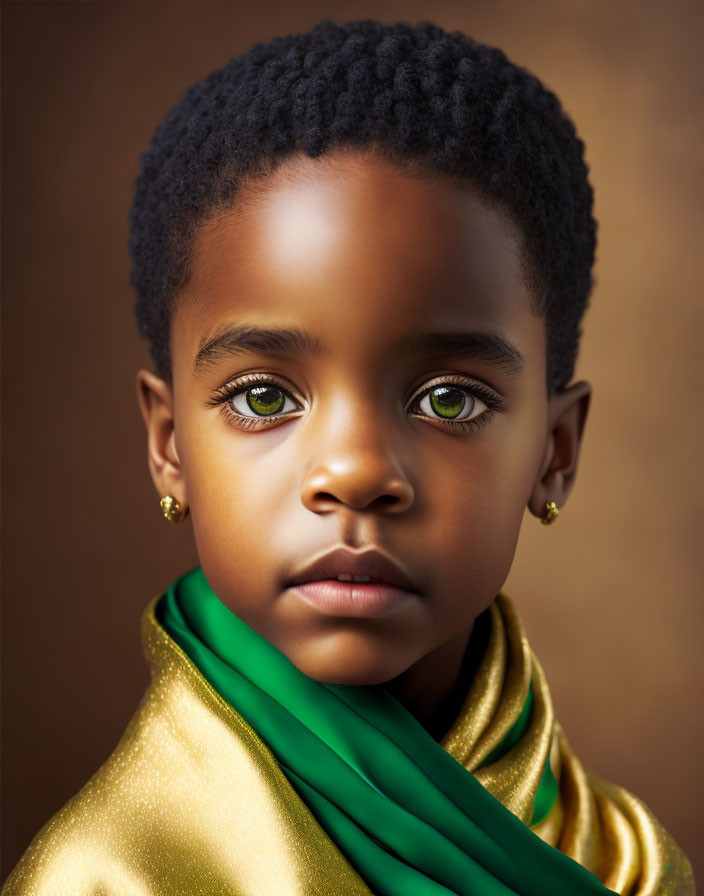 Child with Green Eyes and Curly Black Hair in Golden Attire