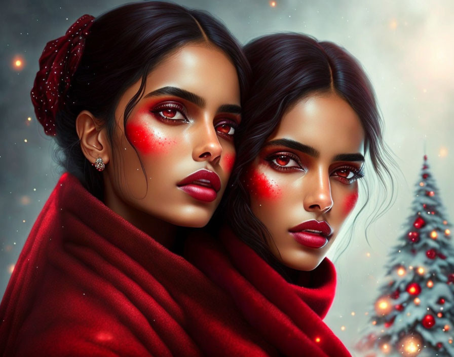 Two women with striking red makeup and a sparkling Christmas tree.