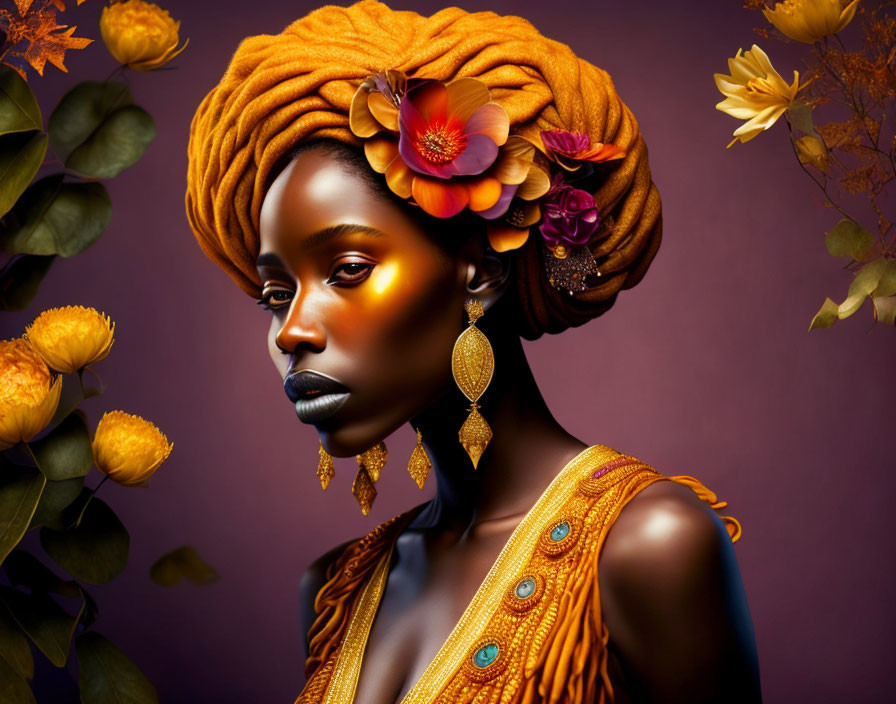 Woman with glowing skin, vibrant turban, bold makeup, flowers, and golden jewelry on floral backdrop