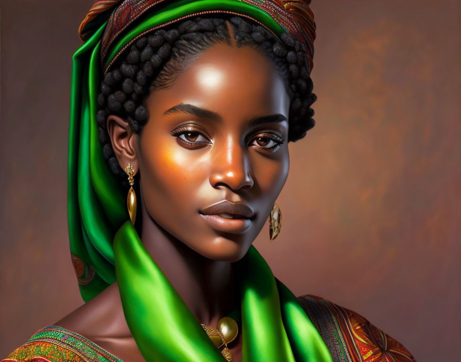 Portrait of woman with braided hair in green attire and gold jewelry