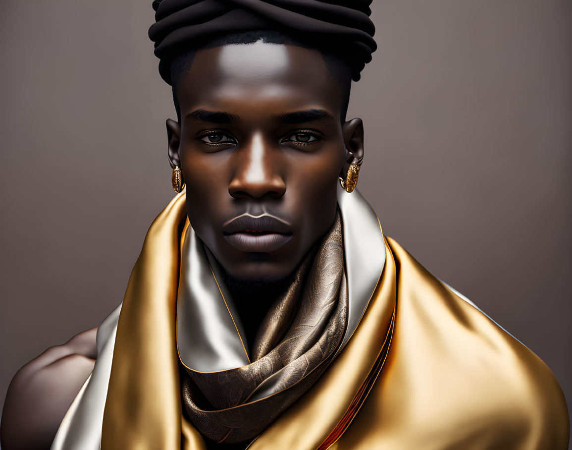 Stylized digital portrait of a man with headwrap, intense gaze, and golden earrings