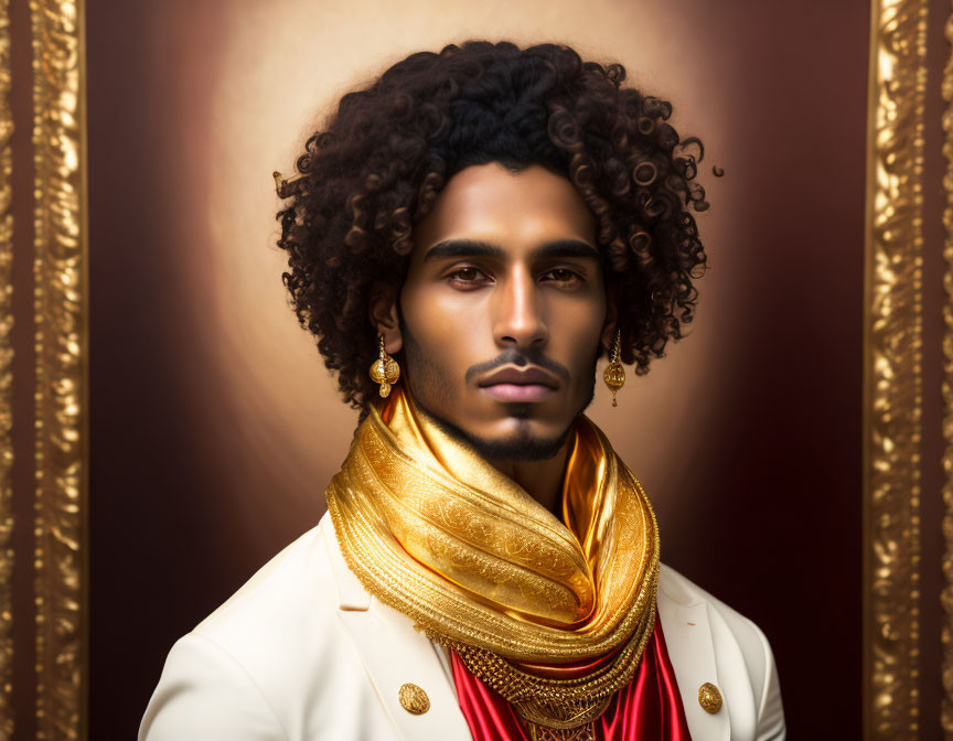 Curly-haired man in white jacket with gold trim on golden backdrop