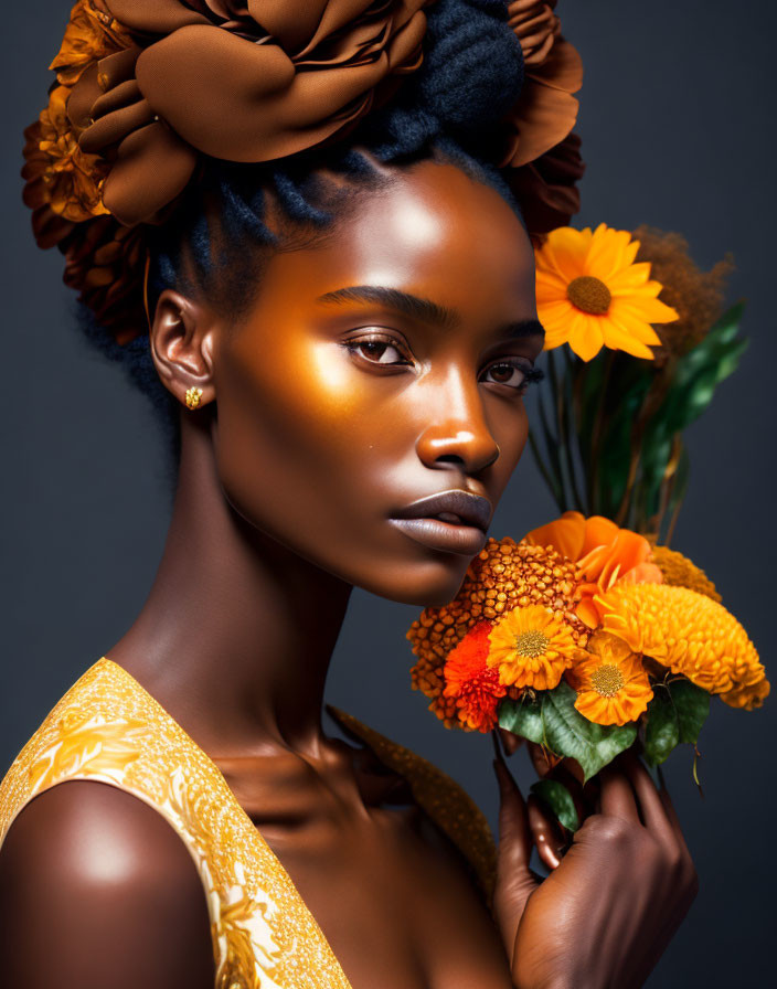 Striking woman in golden dress with orange flowers on dark background